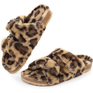 Women's Leopard Cozy Lining Faux Rabbit Fur Cork Open Slipper Sandals Shoes